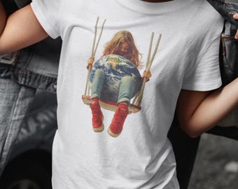 Earth Swing T-Shirt, Planet Graphic Tee, Streetwear Cotton Shirt