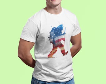 USA Bigfoot Hiking T-Shirt, Sasquatch Graphic Tee, Outdoor Adventure Cotton Shirt, Flag Design