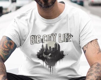 Urban Skull T-Shirt, Gothic Streetwear Graphic Tee, Skull Cityscape Design, Cotton Shirt