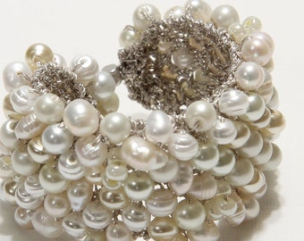 Hand Knit Freshwater, Baroque, Glass Pearl Cuff Bracelet: Ivory White Wedding Jewelry
