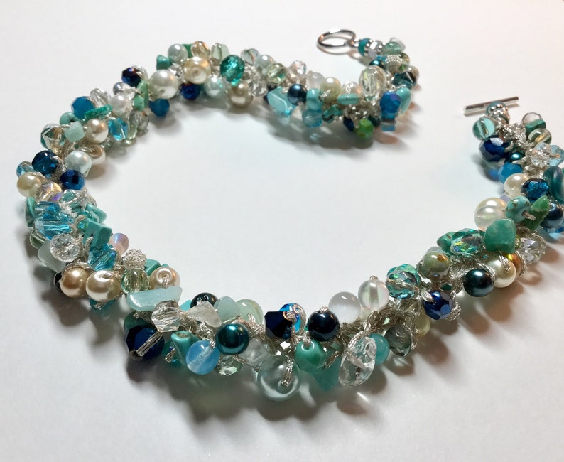 BEACH BRIDE Destination Wedding, Bridesmaids, Semi precious, Crystals, Hand Knit, Blue Green Teal CARIBBEAN Ocean Sea Hand Knit Necklace image 2