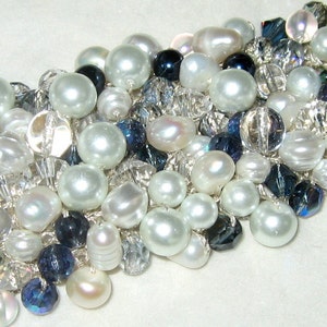 Wedding Bracelet, MIDNIGHT SAPPHIRE, Navy Blue Extra Wide Crystal Pearl, Hand Knit Bridal Statement Cuff, Exclusive Sereba Designs, ETSY image 2