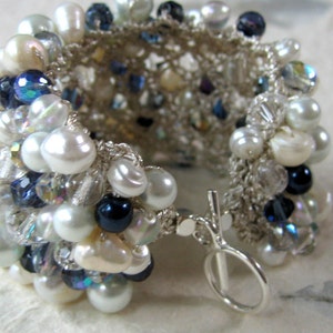 Wedding Bracelet, MIDNIGHT SAPPHIRE, Navy Blue Extra Wide Crystal Pearl, Hand Knit Bridal Statement Cuff, Exclusive Sereba Designs, ETSY image 4