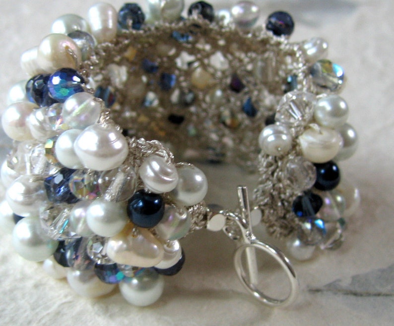 Wedding Bracelet, MIDNIGHT SAPPHIRE, Navy Blue Extra Wide Crystal Pearl, Hand Knit Bridal Statement Cuff, Exclusive Sereba Designs, ETSY image 4