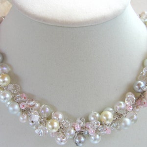 Fairy Tale Wedding Pearl Crystal Wedding Necklace/ Soft Pink, Ivory, White, Silver Gray, Sparkling Crystals, Hand Knit, Sereba Designs image 4