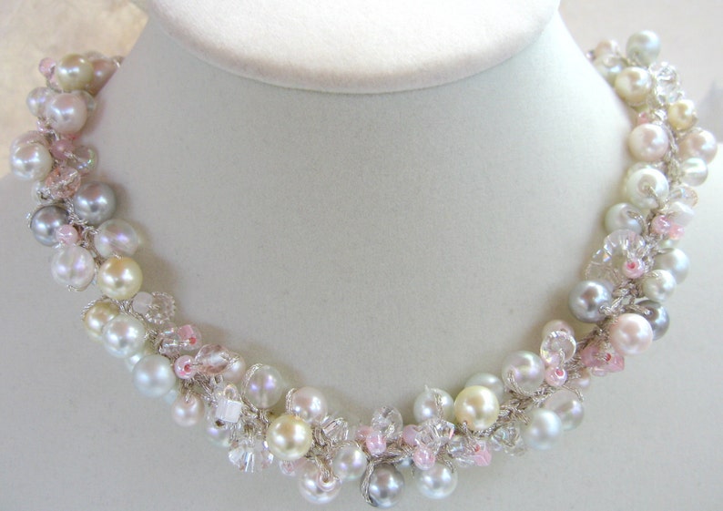 Fairy Tale Wedding Pearl Crystal Wedding Necklace/ Soft Pink, Ivory, White, Silver Gray, Sparkling Crystals, Hand Knit, Sereba Designs image 4