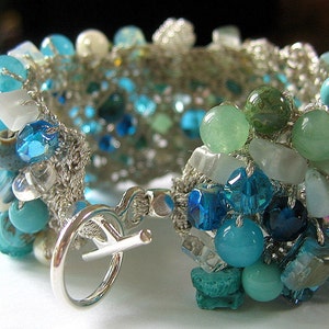 Blue Green Beachy Bridal Wedding Cuff Bracelet, MERMAID, Swarovski Crystals, Semi Precious, Sereba Designs Exclusive, Hand Knit image 2