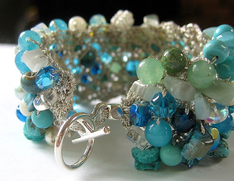 Blue Green Beachy Bridal Wedding Cuff Bracelet, MERMAID, Swarovski Crystals, Semi Precious, Sereba Designs Exclusive, Hand Knit image 2