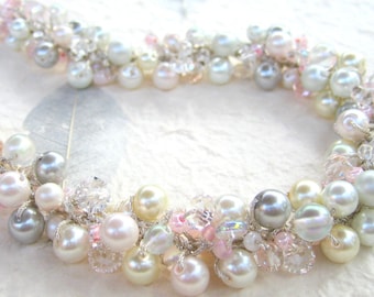 Fairy Tale Wedding Pearl Crystal Wedding Necklace/ Soft Pink, Ivory, White, Silver Gray, Sparkling Crystals, Hand Knit, Sereba Designs