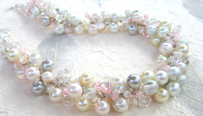 Fairy Tale Wedding Pearl Crystal Wedding Necklace/ Soft Pink, Ivory, White, Silver Gray, Sparkling Crystals, Hand Knit, Sereba Designs image 1