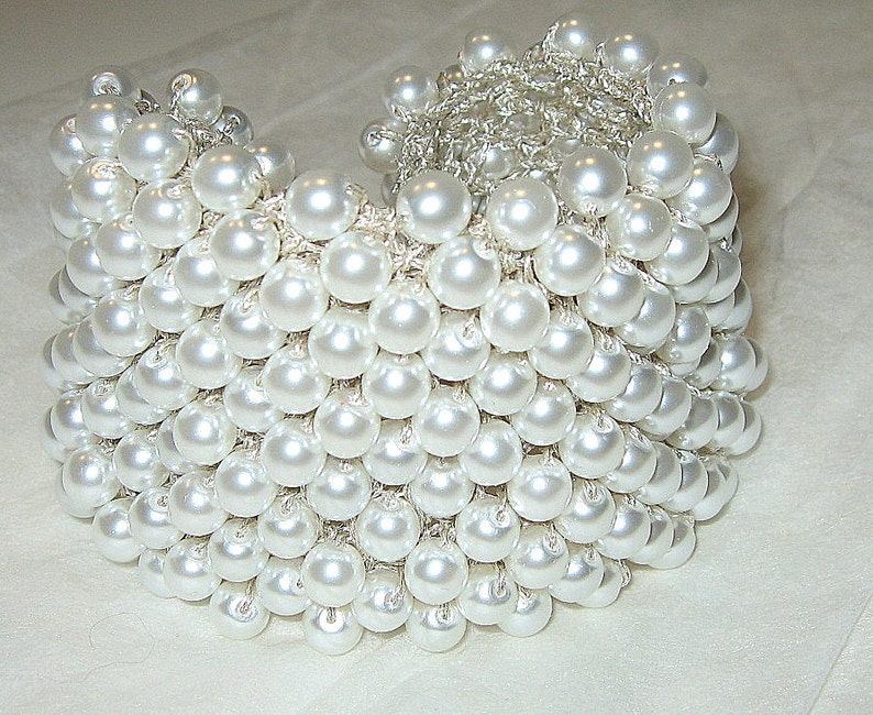 Elegant Glass Pearl Bridal Wedding Bracelet, 1 1/2 inch Hand Knit Soft Cuff, Pure Snow White, Original Sereba Designs. image 2