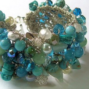 Blue Green Beachy Bridal Wedding Cuff Bracelet, MERMAID, Swarovski Crystals, Semi Precious, Sereba Designs Exclusive, Hand Knit image 1