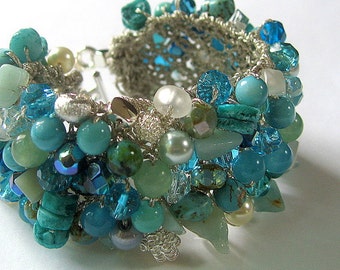 Blue Green Beachy Bridal Wedding Cuff Bracelet, MERMAID, Swarovski  Crystals, Semi Precious, Sereba Designs Exclusive, Hand Knit