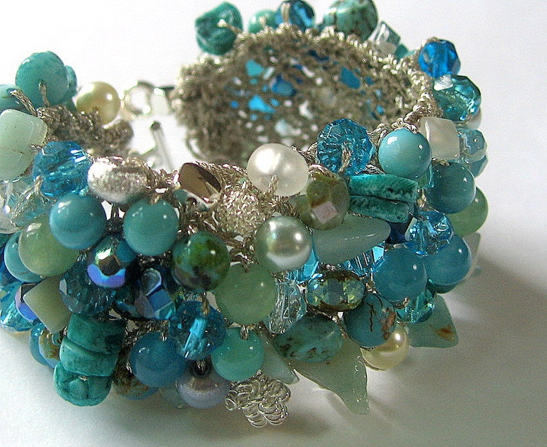 Blue Green Beachy Bridal Wedding Cuff Bracelet, MERMAID, Swarovski Crystals, Semi Precious, Sereba Designs Exclusive, Hand Knit image 1