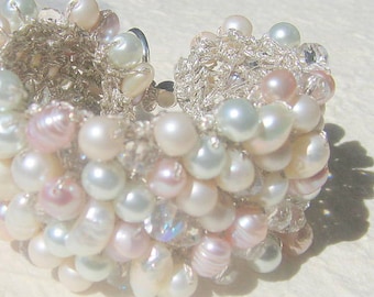 Romantic Bride Freshwater Pink Rose, White, Ivory, Pearl Crystal Hand Knit Bridal Statement Bracelet Cuff, Original, Sereba Designs