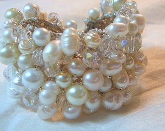 Soft Cuff Pearl Crystal Wedding Bracelet, Mixture of White and Ivory Freshwater, Glass Pearls, Crystals. Wide width for elegant statement.