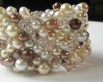 Statement Wedding Cuff Bracelet, Extra Wide WHITE CHOCOLATE PEARL, Coffee Bean, Champagne, Ivory, Cocoa, Brown, Fresh Water, Crystals