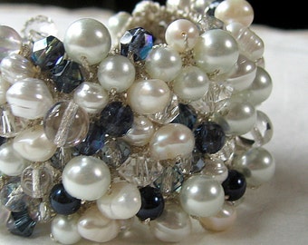 Hand Knit Bridal Cuff Bracelet,  Midnight Sapphire Color: Freshwater, Baroque & Glass Pearls with Crystals.