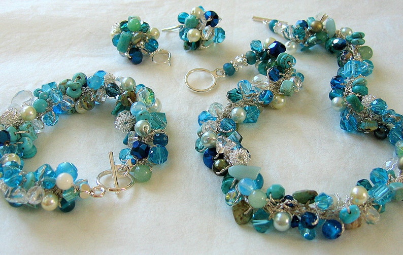 BEACH BRIDE Destination Wedding, Bridesmaids, Semi precious, Crystals, Hand Knit, Blue Green Teal CARIBBEAN Ocean Sea Hand Knit Necklace image 5