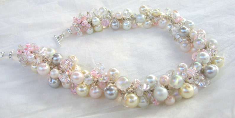 Fairy Tale Wedding Pearl Crystal Wedding Necklace/ Soft Pink, Ivory, White, Silver Gray, Sparkling Crystals, Hand Knit, Sereba Designs image 2