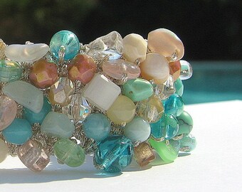 Hand Knit Beaded Cuff Bracelet: Tropical Beach Colors, Crystals, Semi-Precious Stones