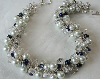 Elegant MIDNIGHT NAVY Sapphire Blue Bridal Wedding Jewelry Necklace, Crisp White Pearls, Sparkling Crystal, Hand Knit Pearl Cluster