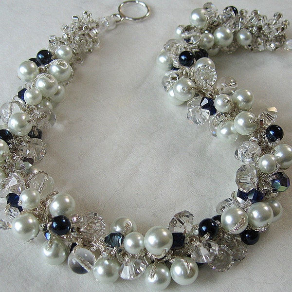 Elegant MIDNIGHT NAVY Sapphire Blue Bridal Wedding Jewelry Necklace, Crisp White Pearls, Sparkling Crystal, Hand Knit Pearl Cluster