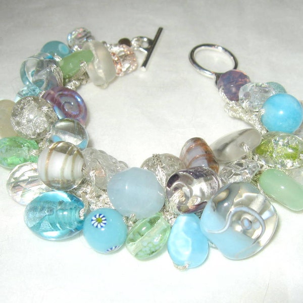 Hand Knit Lamp Work Glass Bead Bangle Beach Wedding Bracelet, OCEAN BREEZE,  Blue green,, Light Green, Lavender, Clear White, Sereba Designs