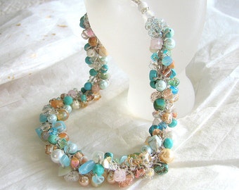 Destination Beach Wedding, Bridal, Bridesmaids Necklace, HAWAIIAN ISLANDS, Turquoise, Sea Foam, Coral, Crystal, Semi Precious, Hand Knit