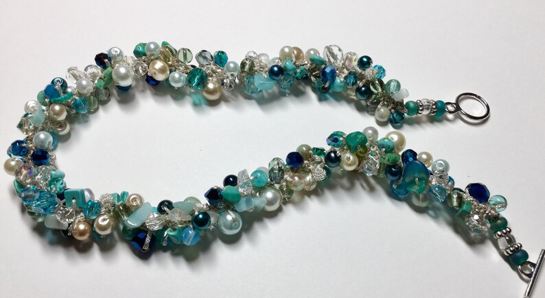 BEACH BRIDE Destination Wedding, Bridesmaids, Semi precious, Crystals, Hand Knit, Blue Green Teal CARIBBEAN Ocean Sea Hand Knit Necklace image 3