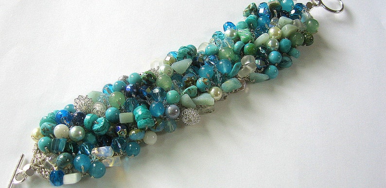 Blue Green Beachy Bridal Wedding Cuff Bracelet, MERMAID, Swarovski Crystals, Semi Precious, Sereba Designs Exclusive, Hand Knit image 3