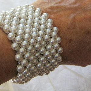 Elegant Glass Pearl Bridal Wedding Bracelet, 1 1/2 inch Hand Knit Soft Cuff, Pure Snow White, Original Sereba Designs. image 3