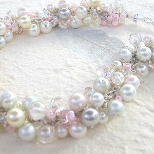 Fairy Tale Wedding Pearl Crystal Wedding Necklace/ Soft Pink, Ivory, White, Silver Gray, Sparkling Crystals, Hand Knit, Sereba Designs image 3