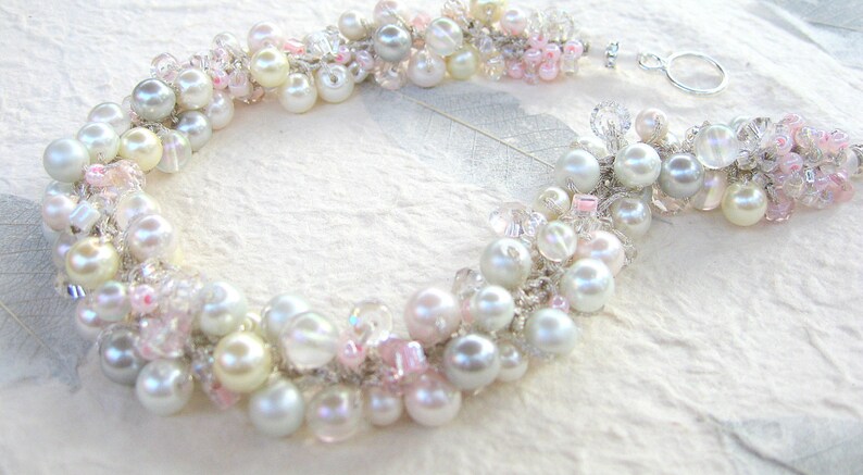 Fairy Tale Wedding Pearl Crystal Wedding Necklace/ Soft Pink, Ivory, White, Silver Gray, Sparkling Crystals, Hand Knit, Sereba Designs image 3