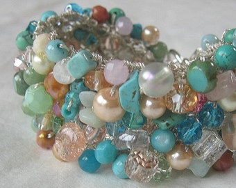 BEACH BRIDE - Wedding Jewelry Bracelet Cuff-  Tropical Island Sea Colors of Blues  Greens, Sea Foam, Blush, Pink, Coral  and Sand.