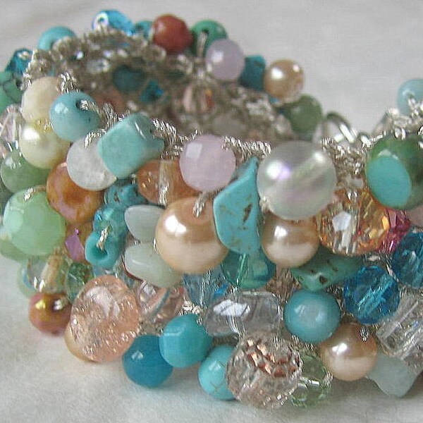 BEACH BRIDE - Wedding Jewelry Bracelet Cuff-  Tropical Island Sea Colors of Blues  Greens, Sea Foam, Blush, Pink, Coral  and Sand.