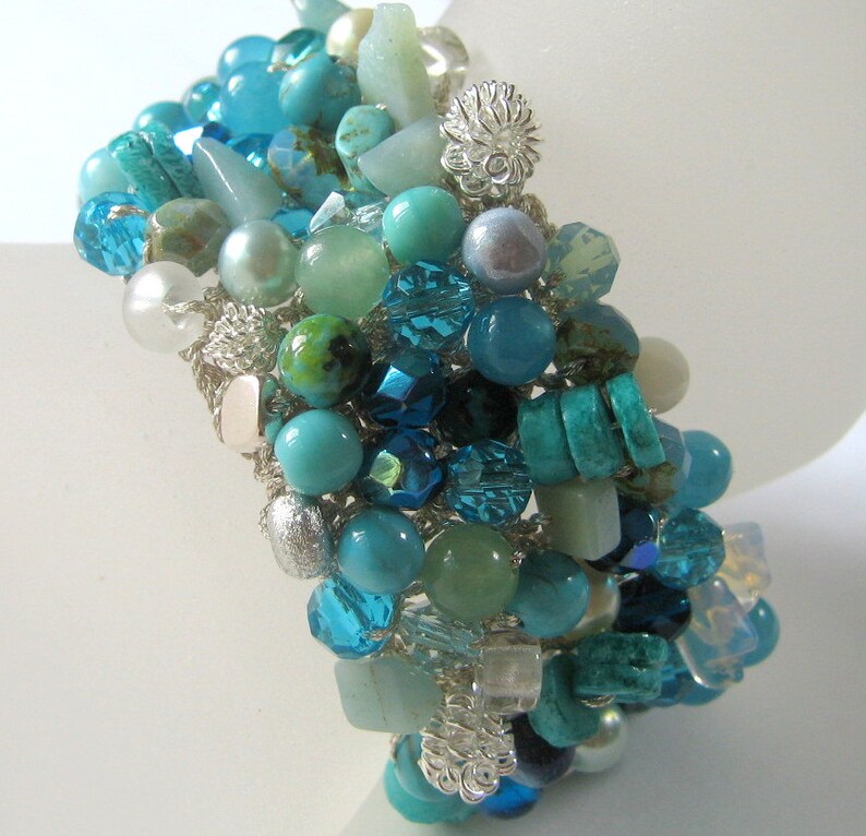 Blue Green Beachy Bridal Wedding Cuff Bracelet, MERMAID, Swarovski Crystals, Semi Precious, Sereba Designs Exclusive, Hand Knit image 4