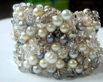 Handbeaded WINTER Wedding Bracelet Cuff, FROSTY Blue Grey Freshwater Pearl, Sparkling, Smoke Quartz Crystal, Sereba  Designs