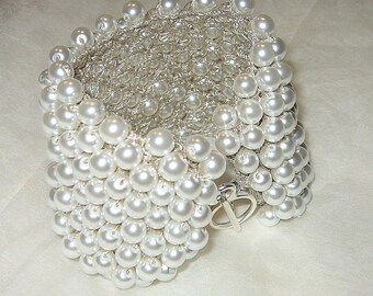Hand Knit Glass Pearl Bridal Cuff Bracelet: Soft Snow White Wedding Jewelry.