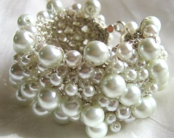 White Glass Pearl Cuff Bracelet, Modern Bridal Statement, Hand Knit Metallic Thread