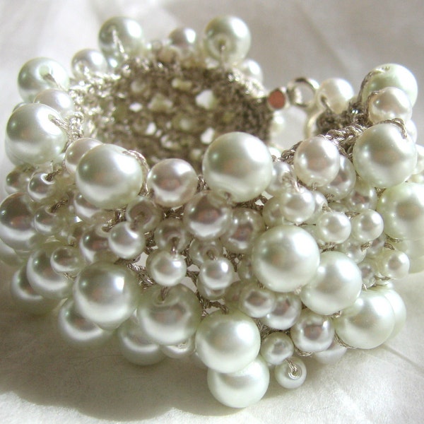 PURE SOFT WHITE Pearl Cuff Bracelet, Modern Bridal Wedding Statement,  Unique Hand Knit  Exclusive, Sereba Designs