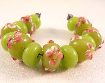 Lampwork Beads Lime Pink Lampwork Rondelles Lampwork Spacers Glass Beads  Green Beads Flower Beads