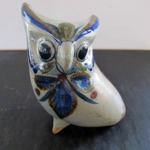 Owl Mexican Folk Art Studio Pottery 1970s Indigo Lapis Blue Signed Large