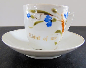 Think of Me Teacup Purple Flowers Gold Script White Ceramic Cup Vintage Distressed Made in Germany