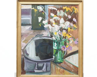 Painting Oil Canvas Still life Abstract Wildflowers in Vase Flowers Framed