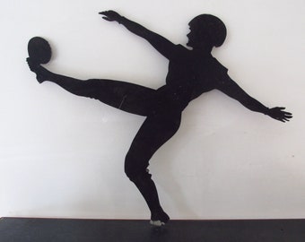 Football Player Kickoff Cut Metal Silhouette 1930s Kicking Antique Sign