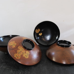 Japanese Lacquer Covered Bowls Pair Midcentury c. 1960 Faux Bois Black Gold Orange Green Autumnal Fall Grape Leaves Lids as Bowls