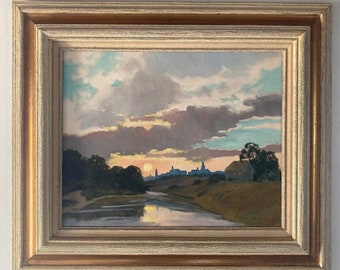 A. E. Peterson painting of Providence Rhode Island skyline from the River, c. 1965