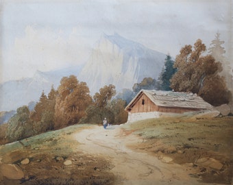 Charles Louis Guigon Painting Watercolor Swiss Alps Mountains Switzerland Original (1807-1882) Signed