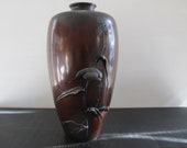 Meiji Bronze Vase Naturalist Kingfisher Bird Relief Potential Lamp Base c. 1890
